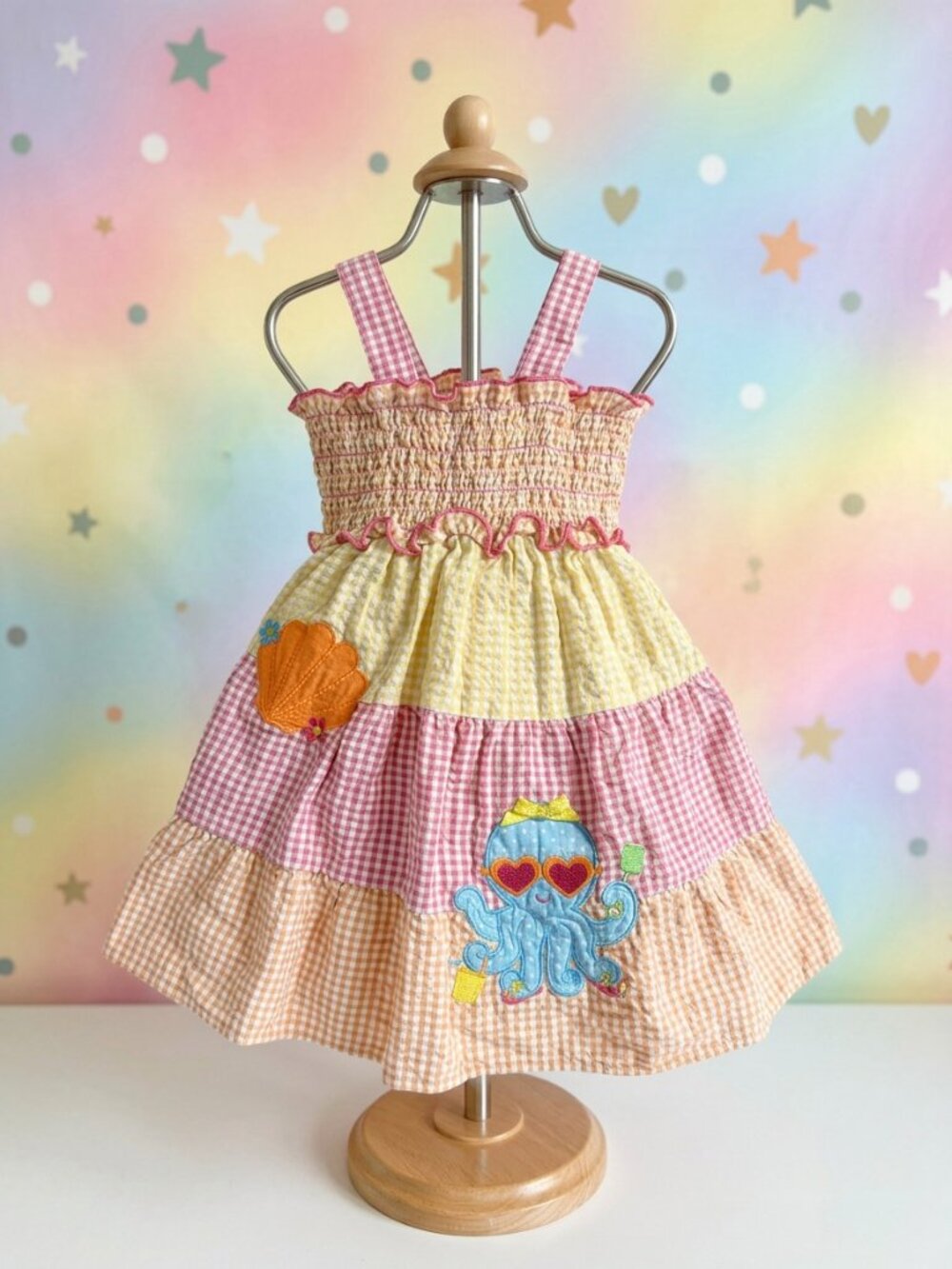 Beebay Girls 2T Seersucker Beach Dress Octopus Shell Embroidered
